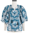 Anastasia Blouse #1 Crew Neck Slit 3/4 Puff Sleeve Linen (Ibiza Faro Tile)