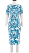 Celine Dress High Boat Neck 1/2 Sleeve with Hamilton Belt Long Length Cotton Dobby Stretch (Ibiza Faro Tile)