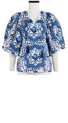 Anastasia Blouse #1 Crew Neck Slit 3/4 Puff Sleeve Linen (Ibiza Faro Tile)