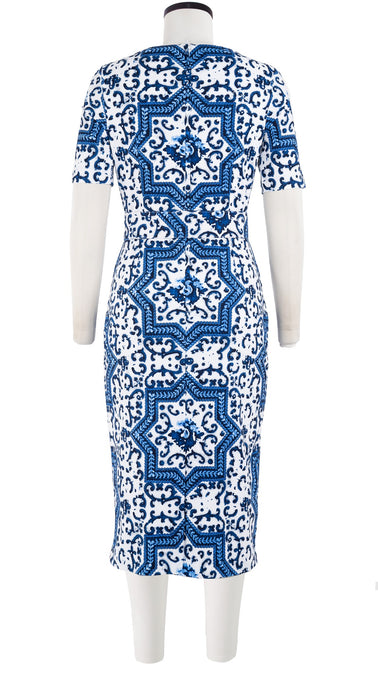 Celine Dress High Boat Neck 1/2 Sleeve with Hamilton Belt Long Length Cotton Dobby Stretch (Ibiza Faro Tile)