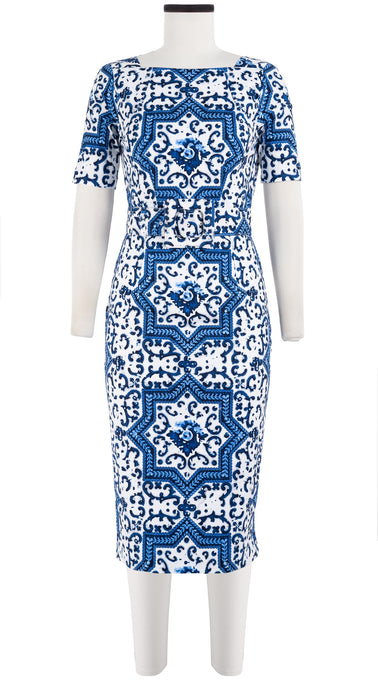 Celine Dress High Boat Neck 1/2 Sleeve with Hamilton Belt Long Length Cotton Dobby Stretch (Ibiza Faro Tile)