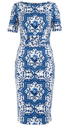 Celine Dress High Boat Neck 1/2 Sleeve with Hamilton Belt Long Length Cotton Dobby Stretch (Ibiza Faro Tile)