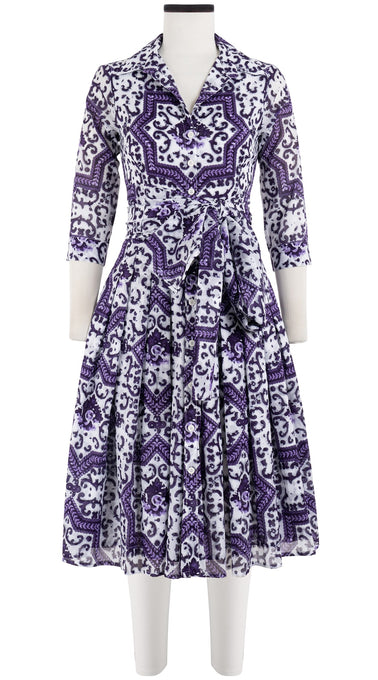 Audrey Dress #4 Shirt Collar 3/4 Sleeve Long Length Cotton Musola (Ibiza Faro Tile)