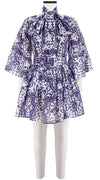 Cozette Dress Square Neck 3/4 Sleeve with Hamilton Belt Mini Length Cotton Musola (Ibiza Faro Tile)