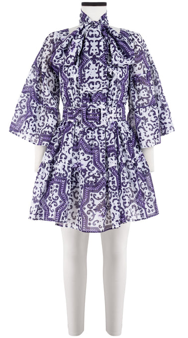 Cozette Dress Square Neck 3/4 Sleeve with Hamilton Belt Mini Length Cotton Musola (Ibiza Faro Tile)