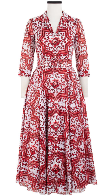 Aster Dress Shirt Collar 3/4 Sleeve Midi Plus Length Cotton Musola (Ibiza Faro Tile)