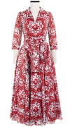 Aster Dress Shirt Collar 3/4 Sleeve Midi Plus Length Cotton Musola (Ibiza Faro Tile)