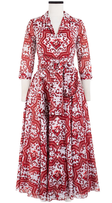 Aster Dress Shirt Collar 3/4 Sleeve Midi Plus Length Cotton Musola (Ibiza Faro Tile)
