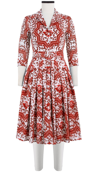Audrey Dress #4 Shirt Collar 3/4 Sleeve Long Length Cotton Musola (Ibiza Faro Tile)