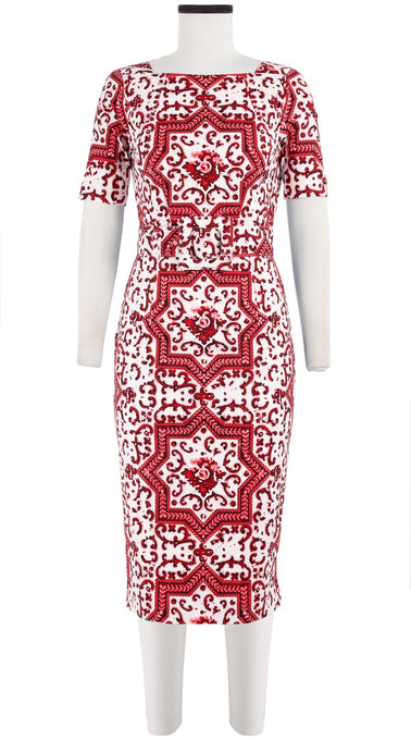 Celine Dress High Boat Neck 1/2 Sleeve with Hamilton Belt Long Length Cotton Dobby Stretch (Ibiza Faro Tile)