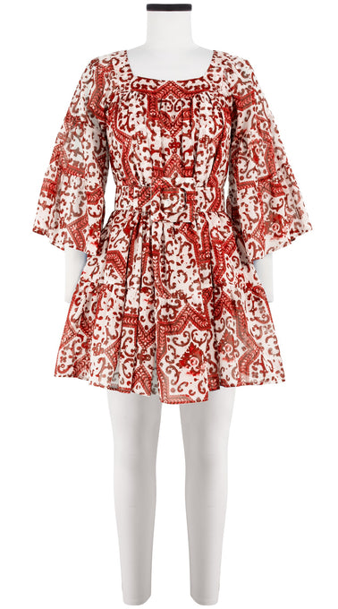 Cozette Dress Square Neck 3/4 Sleeve with Hamilton Belt Mini Length Cotton Musola (Ibiza Faro Tile)