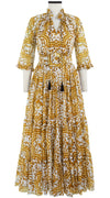 Eden Dress Crew Neck 3/4 Sleeve with Hamilton Belt Maxi Length Cotton Musola (Ibiza Faro Tile)