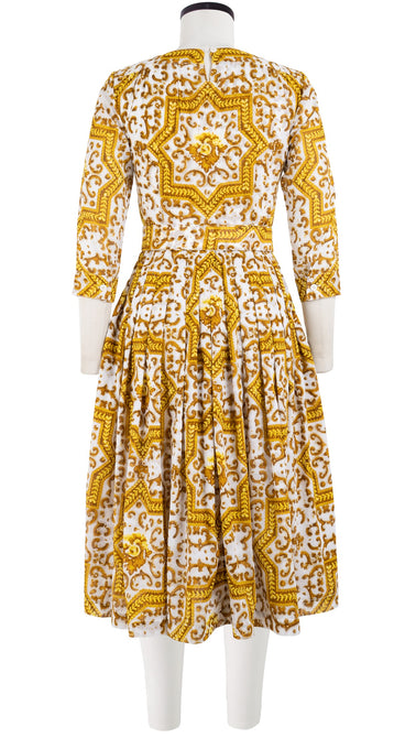 Florance Dress #2 Crew Neck 3/4 Sleeve Long Length Cotton Musola (Ibiza Faro Tile)