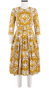Florance Dress #2 Crew Neck 3/4 Sleeve Long Length Cotton Musola (Ibiza Faro Tile)