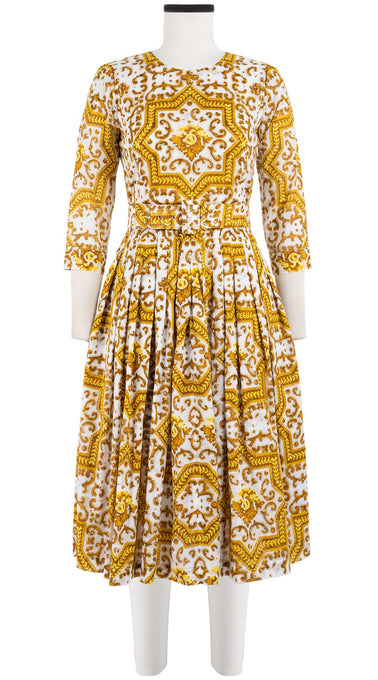 Florance Dress #2 Crew Neck 3/4 Sleeve Long Length Cotton Musola (Ibiza Faro Tile)
