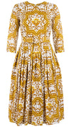 Florance Dress #2 Crew Neck 3/4 Sleeve Long Length Cotton Musola (Ibiza Faro Tile)