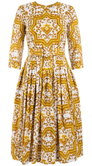 Florance Dress #2 Crew Neck 3/4 Sleeve Long Length Cotton Musola (Ibiza Faro Tile)