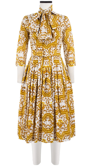 Florance Dress #2 Crew Neck 3/4 Sleeve Long Length Cotton Musola (Ibiza Faro Tile)