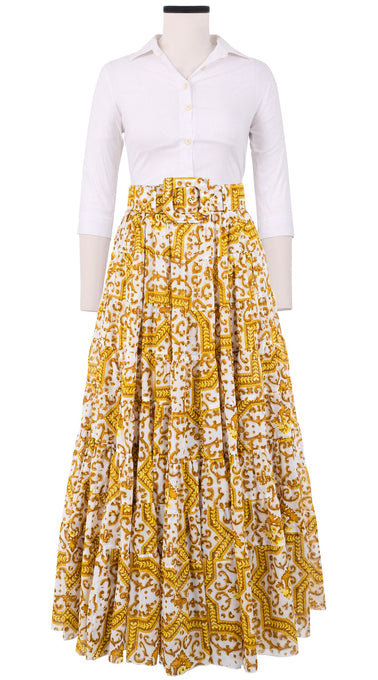 Mia Skirt with Hamilton Belt Maxi Length Cotton Musola (Ibiza Faro Tile)