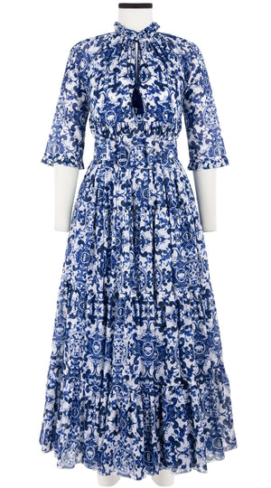 Eden Dress Crew Neck 3/4 Sleeve with Hamilton Belt Maxi Length Cotton Musola (Ibiza Sintra Tile)