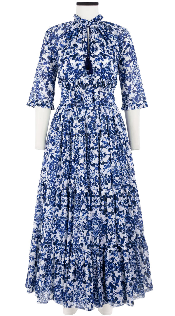 Eden Dress Crew Neck 3/4 Sleeve with Hamilton Belt Maxi Length Cotton Musola (Ibiza Sintra Tile)