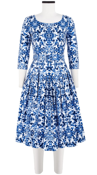Florance Dress Boat Neck 3/4 Sleeve Long Length Cotton Stretch (Ibiza Sintra Tile)