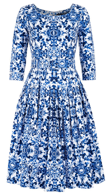 Florance Dress Boat Neck 3/4 Sleeve Long Length Cotton Stretch (Ibiza Sintra Tile)