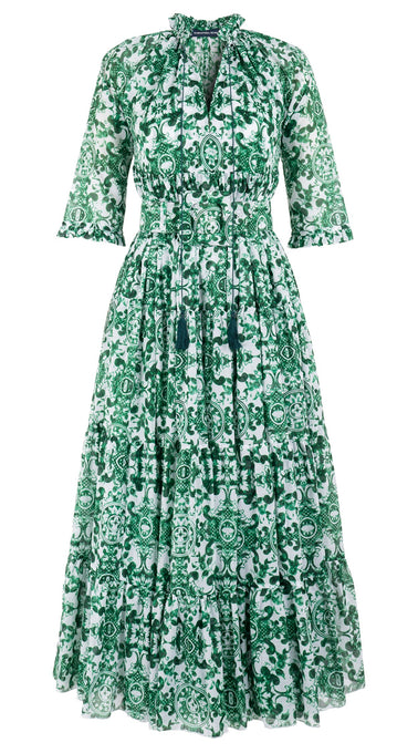 Eden Dress Crew Neck 3/4 Sleeve with Hamilton Belt Maxi Length Cotton Musola (Ibiza Sintra Tile)