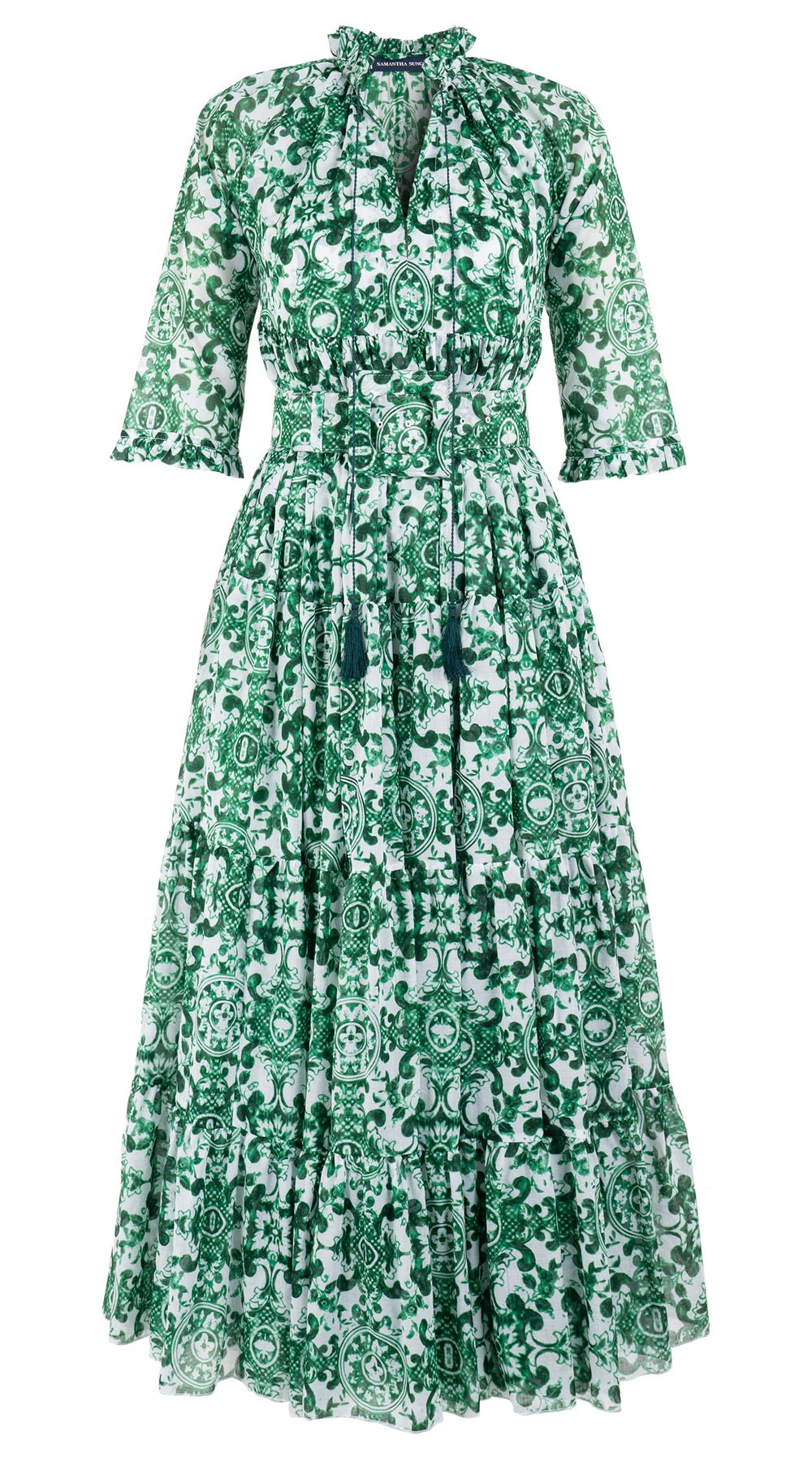 Eden Dress Crew Neck 3/4 Sleeve with Hamilton Belt Maxi Length Cotton Musola (Ibiza Sintra Tile)