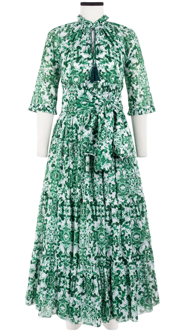 Eden Dress Crew Neck 3/4 Sleeve with Hamilton Belt Maxi Length Cotton Musola (Ibiza Sintra Tile)