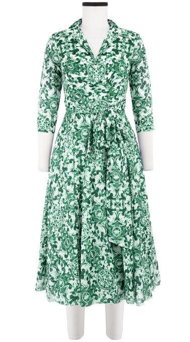 Olivia Dress Shirt Collar 3/4 Sleeve Midi Length Cotton Musola (Ibiza Sintra Tile)