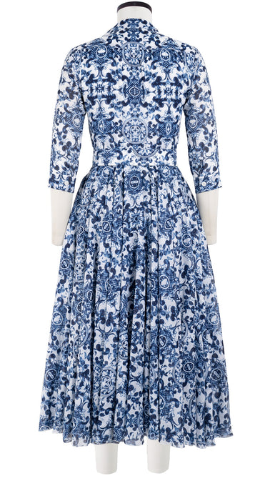 Aster Dress Shirt Collar 3/4 Sleeve Midi Length Cotton Musola (Ibiza Sintra Tile)