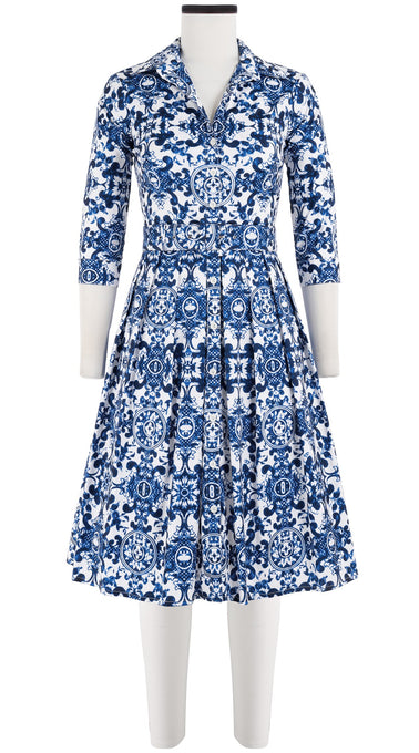 Audrey Dress #1 Shirt Collar 3/4 Sleeve Cotton Stretch (Ibiza Sintra Tile)