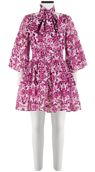 Cozette Dress Square Neck 3/4 Sleeve with Hamilton Belt Mini Length Cotton Musola (Ibiza Sintra Tile)