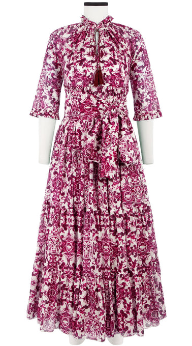 Eden Dress Crew Neck 3/4 Sleeve with Hamilton Belt Maxi Length Cotton Musola (Ibiza Sintra Tile)
