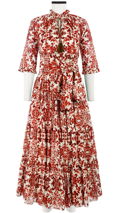 Eden Dress Crew Neck 3/4 Sleeve with Hamilton Belt Maxi Length Cotton Musola (Ibiza Sintra Tile)