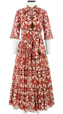 Eden Dress Crew Neck 3/4 Sleeve with Hamilton Belt Maxi Length Cotton Musola (Ibiza Sintra Tile)