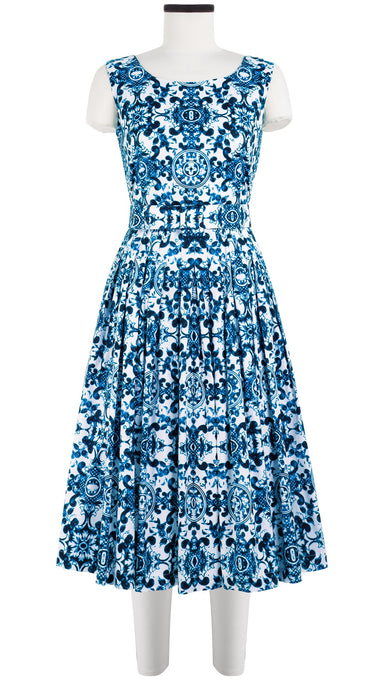 Florance Dress #2 Boat Neck Sleeveless Long Length Cotton Stretch (Ibiza Sintra Tile)
