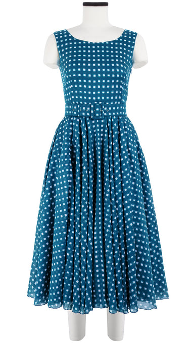 Aster Dress Boat Neck Mini Cap Sleeve Midi Length Cotton Musola (Indigo Check)