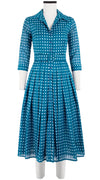 Audrey Dress #4 Shirt Collar 3/4 Sleeve Midi Length Cotton Musola (Indigo Check)