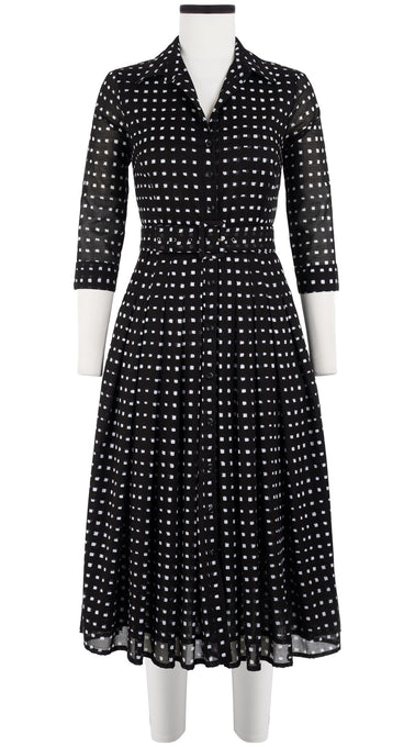 Audrey Dress #4 Shirt Collar 3/4 Sleeve Midi Length Cotton Musola (Indigo Check)