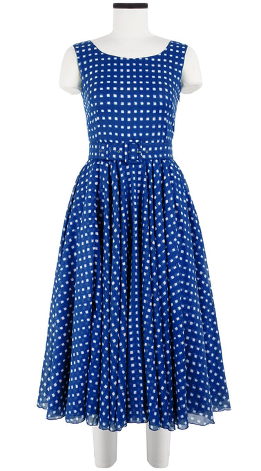 Aster Dress Boat Neck Mini Cap Sleeve Midi Length Cotton Musola (Indigo Check)