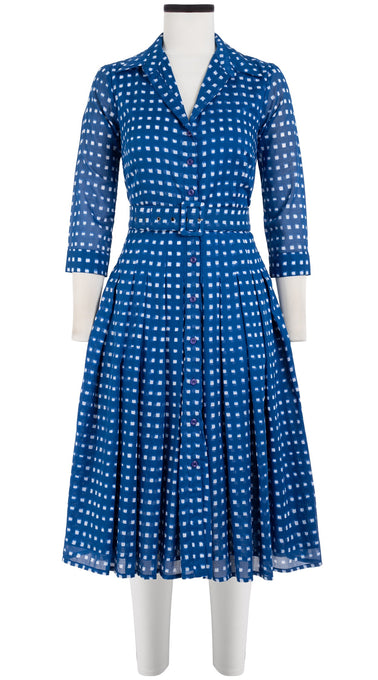 Audrey Dress #4 Shirt Collar 3/4 Sleeve Long Length Cotton Musola (Indigo Check)
