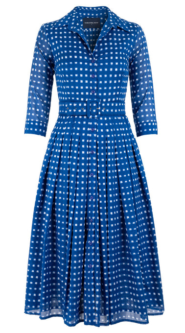 Audrey Dress #4 Shirt Collar 3/4 Sleeve Midi Length Cotton Musola (Indigo Check)