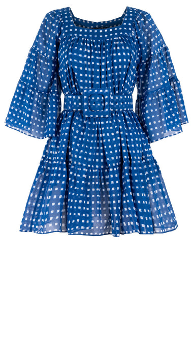 Cozette Dress Square Neck 3/4 Sleeve with Hamilton Belt Mini Length Cotton Musola (Indigo Check)