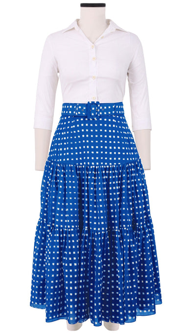 Emma Skirt Midi Length Cotton Musola (Indigo Check)