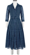 Audrey Dress #4 Shirt Collar 3/4 Sleeve Midi Length Cotton Musola (Indigo Check)