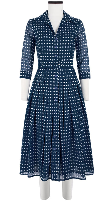 Audrey Dress #4 Shirt Collar 3/4 Sleeve Midi Length Cotton Musola (Indigo Check)
