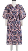 Anastasia Dress Crew Neck Slit 3/4 Puff Sleeve with Hamilton Belt Midi Length Cotton Musola (Indigo Poppies)
