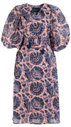 Anastasia Dress Crew Neck Slit 3/4 Puff Sleeve with Hamilton Belt Midi Length Cotton Musola (Indigo Poppies)